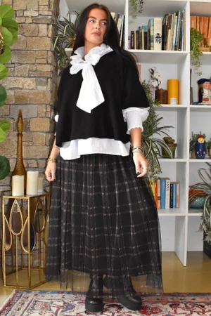 Enid Plaid Tulle Midi Skirt Black